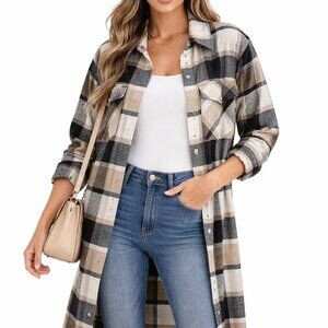Women’s L Black Tan White Plaid  Long  Oversized  Button Up Long Sleeve Shacket